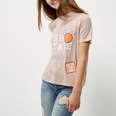 Petite pink badge print T-shirt